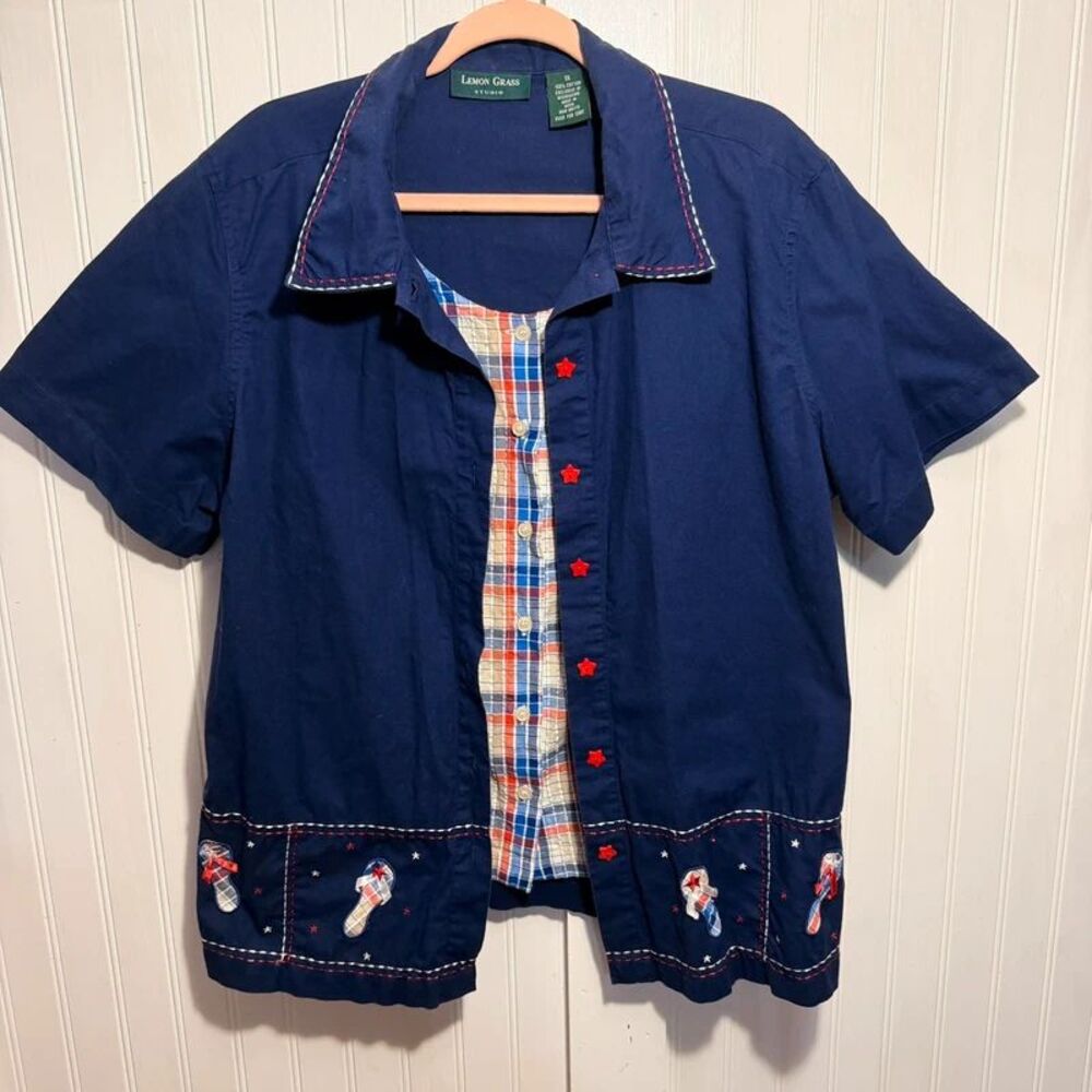Lemon Grass America Shirt Women 1X USA summer 2 layer cotton cottage embellished